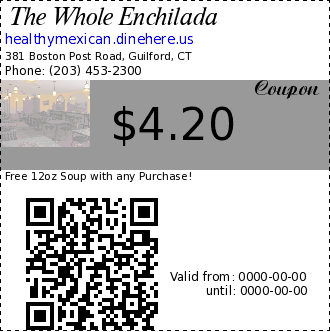 The Whole Enchilada coupon : Free 12oz Soup with any Purchase!Does not include Chili or Stew.
One coupon per customer